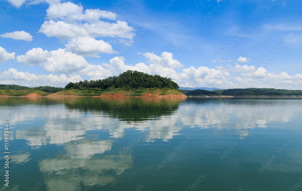 Landscapes blue sky with white clouds  water reflection shadow