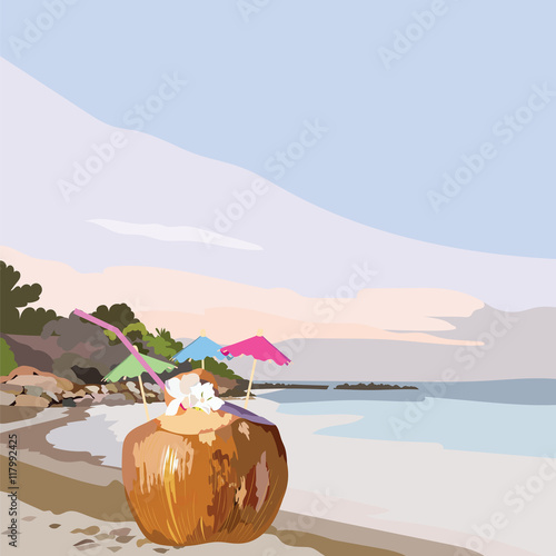 Coconut Fresh Cocktail Vector on the beach. Exotic tropical cocktail with flo...