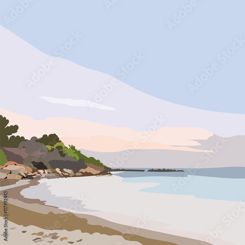 Exotic Island Paradise Beach at Sunset or Sunrise. Summer Beach Tropics. Vector background card in pastel rose quartz and serenity colors