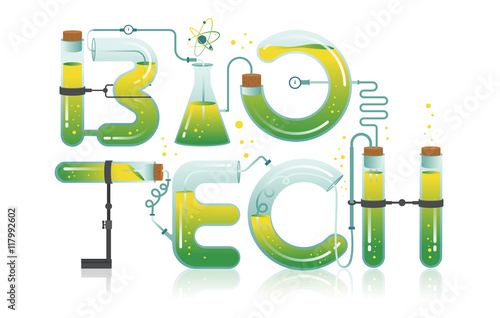 Abstract Illustration of BIOTECH word in science, technology, engineering, mathematics education concept typography design with icon ornament elements editable.