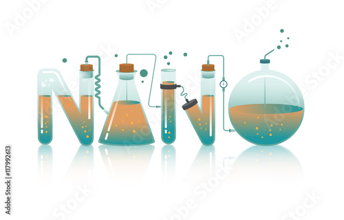 Abstract Illustration of NANO word in science, technology, engineering, mathematics education concept typography design with icon ornament elements editable.