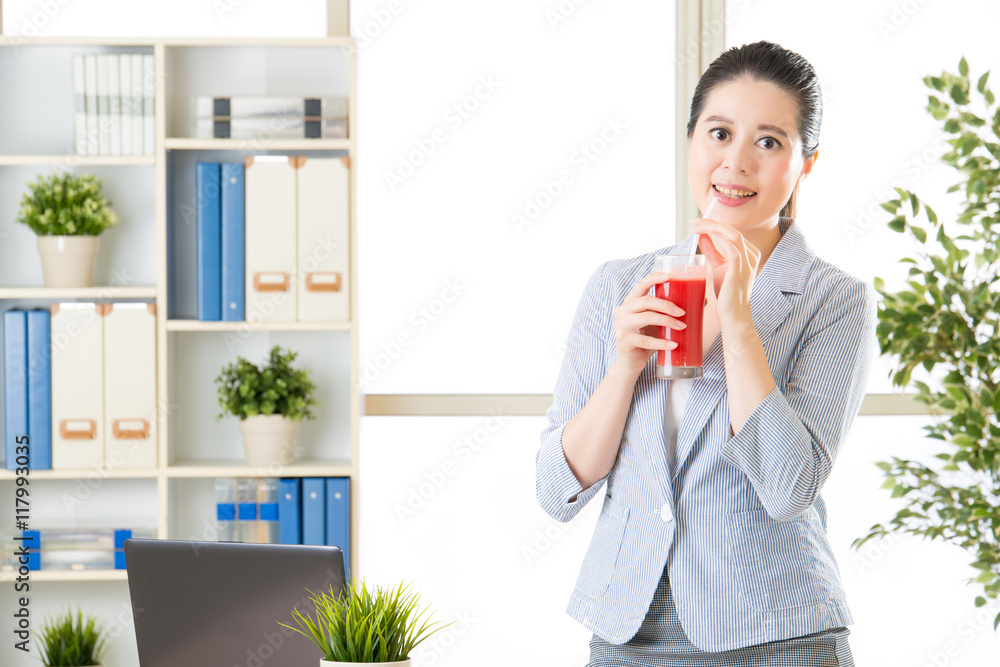 asian business woman happy drinking fresh watermelon juice asian business woman happy drinking fresh watermelon juice