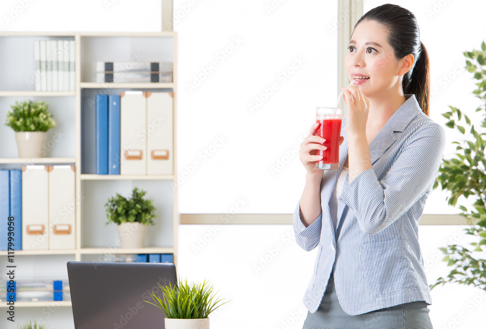 asian business woman happy drinking fresh watermelon juice asian business woman happy drinking fresh watermelon juice