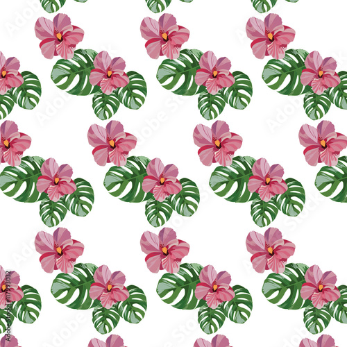 Tropical pink flowers pattern Vector. Exotic Summer floral background