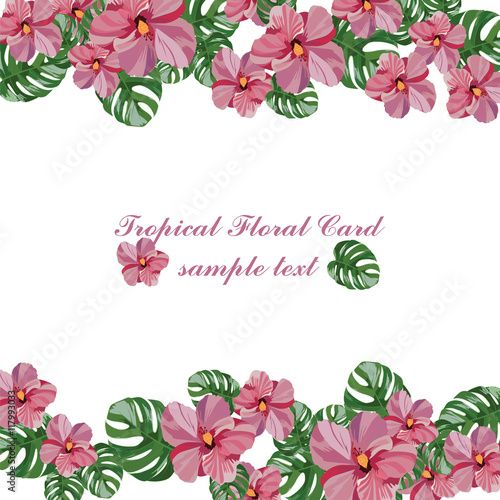 Tropical pink flowers pattern Vector. Exotic Summer floral background