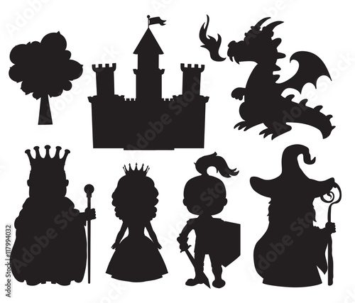 Vector set of silhouettes fairy tale element icons.