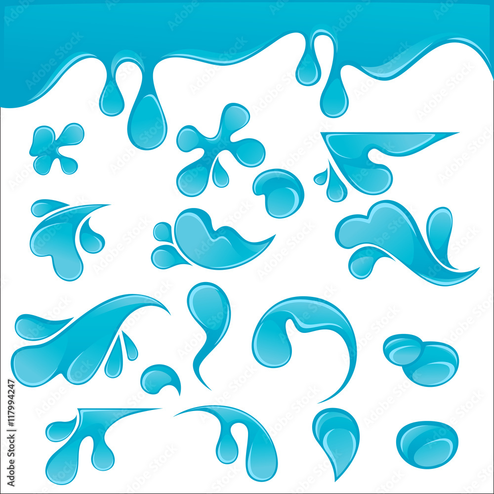 Splash of Blue Water Drops set. Liquid icons collection.