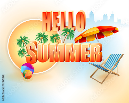 Abstract design background with sunny sky, sun bed and stylized 3d text for welcoming summer season