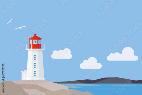 Flat Design Nova Scotia landscape with Peggys Cove lighthouse