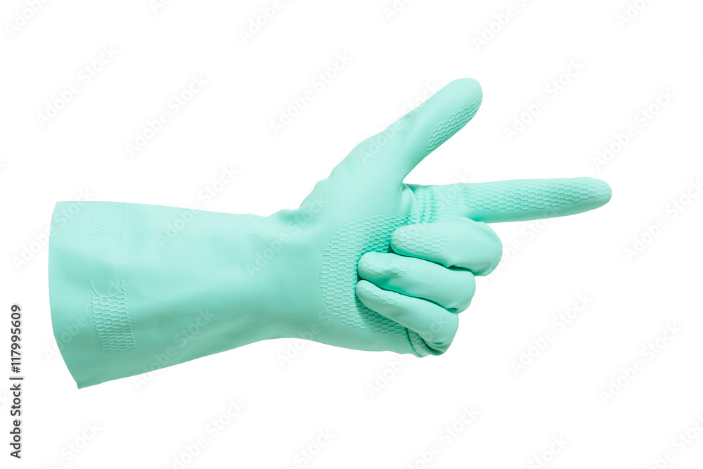 hand with green glove pointing hand to something on white background with using path