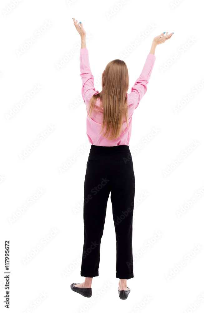 Back view of business woman. Raised his fist up in victory sign. Raised his fist up in victory sign. Rear view people collection. backside view of person. Isolated over white background. The Back view of business woman. Raised his fist up in victory sign. Raised his fist up in victory sign. Rear view people collection. backside view of person. Isolated over white background. The