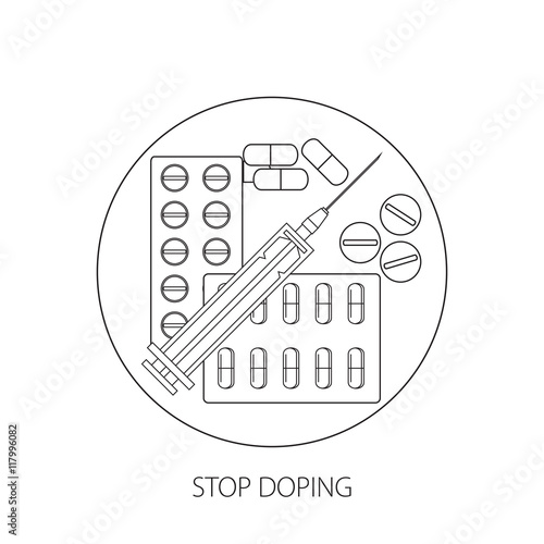 Stop doping. Propaganda poster or banner with the image of tablets, capsules and syringe. Vector illustration.
