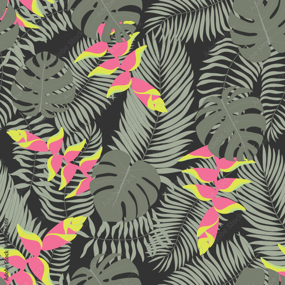 Seamless pattern with hand-drawn tropical leaves and flowers Seamless pattern with hand-drawn tropical leaves and flowers