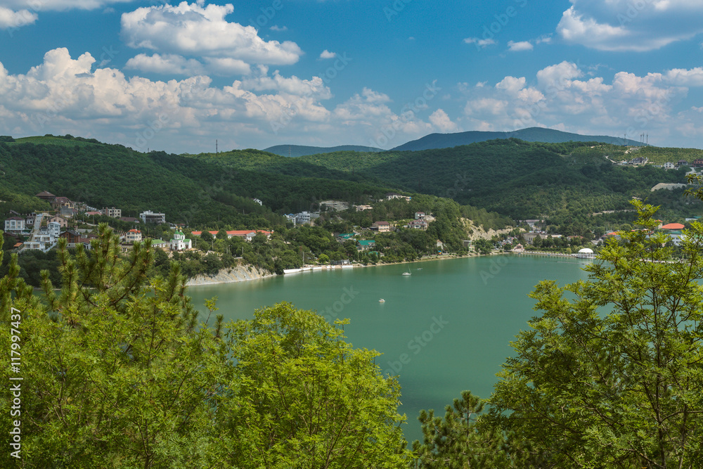 Nice view of Abrau-Durso Lake in Caucasus mountains