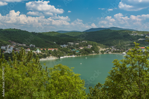 Nice view of Abrau-Durso Lake in Caucasus mountains