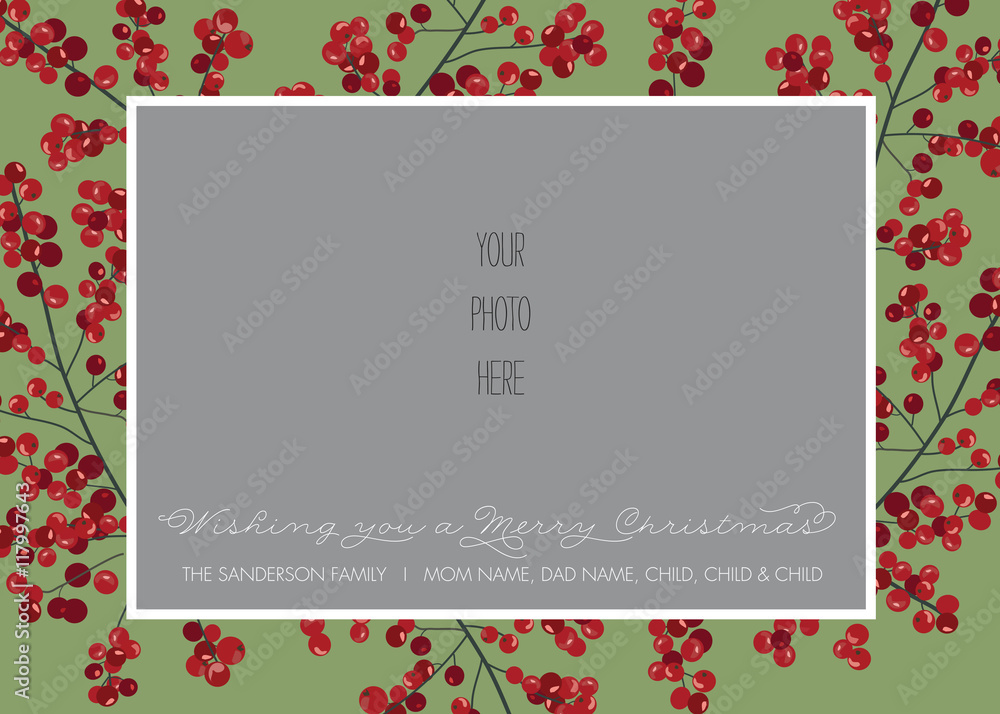 Christmas, Holiday Photo Card Template - Red and Green Holly Berry - Vector