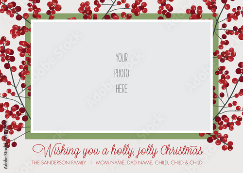Holly Frame Photo Christmas, Holiday Card Template - Vector