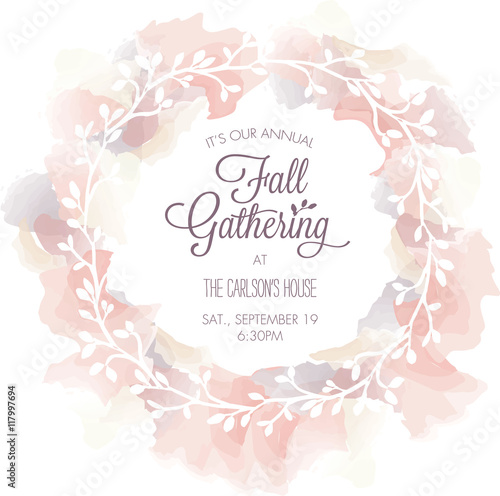 Fall Gathering Invitation Template with Watercolor Wreath - Vector