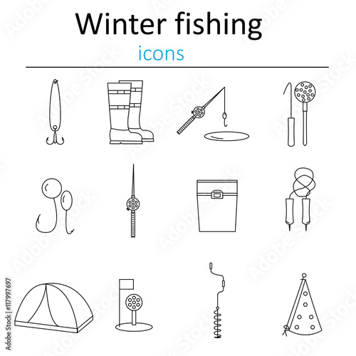 Set of linear web icons winter fishing. Accessories for fishing on the ice. Vector illustration.