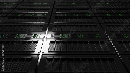 Server room low angle view. Version with no defocus. CGI