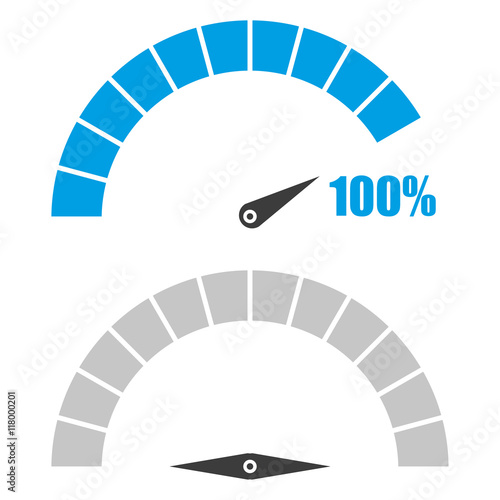 Set of speedometer or rating meter signs infographic gauge element with percent 100