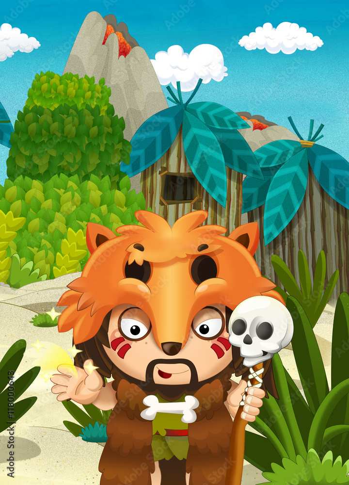 Naklejka premium Cartoon nature scene - jungle - with funny manga boy - happy illustration for children