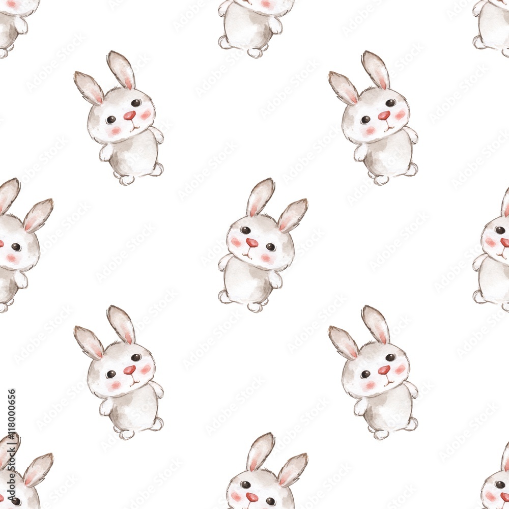 Background with rabbits. Seamless pattern with cartoon animals. Watercolor painting