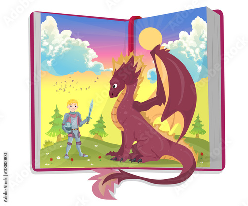 Open book of fairytales with knight and dragon illustration