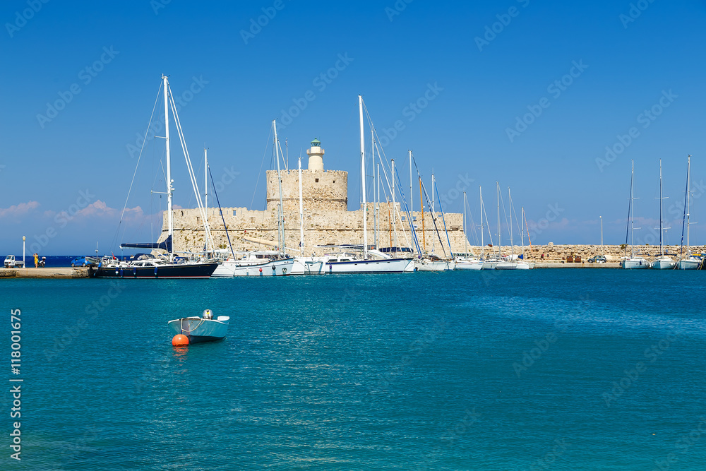 Fort of St. Nicholas and Lighthouse in Mandaki Harbor, Rhodes