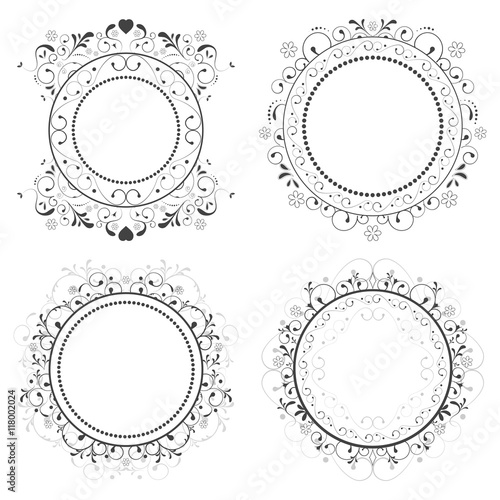 Set of vector decorative circles with floral pattern.