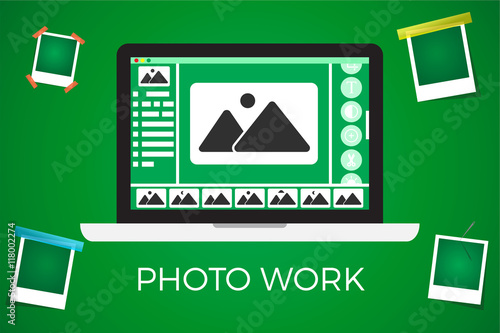 Laptop Icon on green backgroud with  frame.photo work and photo edit concept.vector illustration for your business