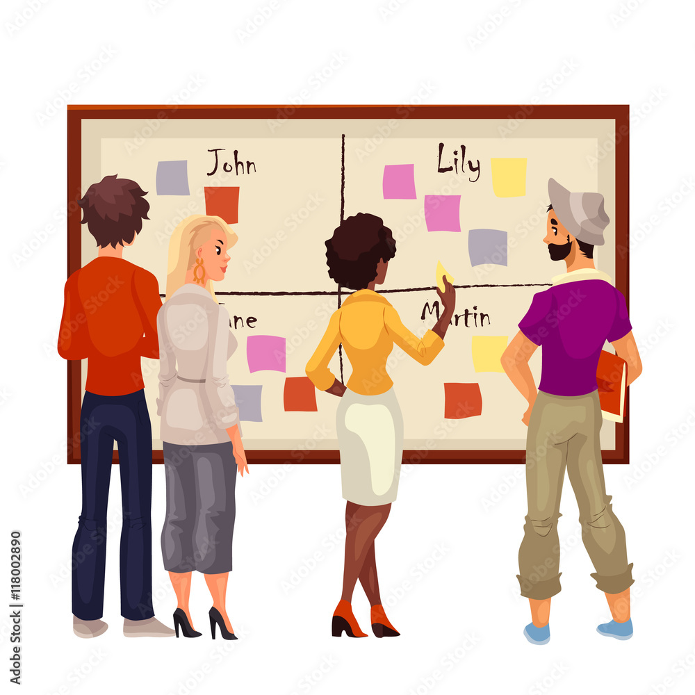 Obraz premium Young creative business people brainstorming ideas at the board, sketch style vector illustration. Multiethnic group of young people hold a brainstorm standing at the board and using sticky notes