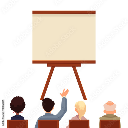 Presentation board in front of a group of people, sketch style vector illustration isolated on white background. Flip chart template. People sitting and looking at the board, business presentation