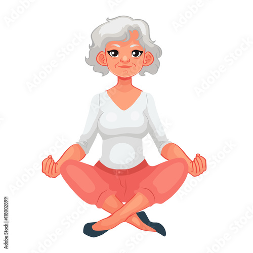 beautiful senior woman in various poses of yoga, cartoon style vector illustration isolated on white background. Beautiful old doing yoga, asanas, healthy lifestyle