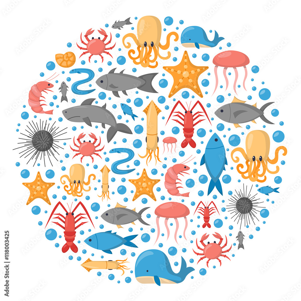 Vector cartoon sea underwater creatures background Vector cartoon sea underwater creatures background