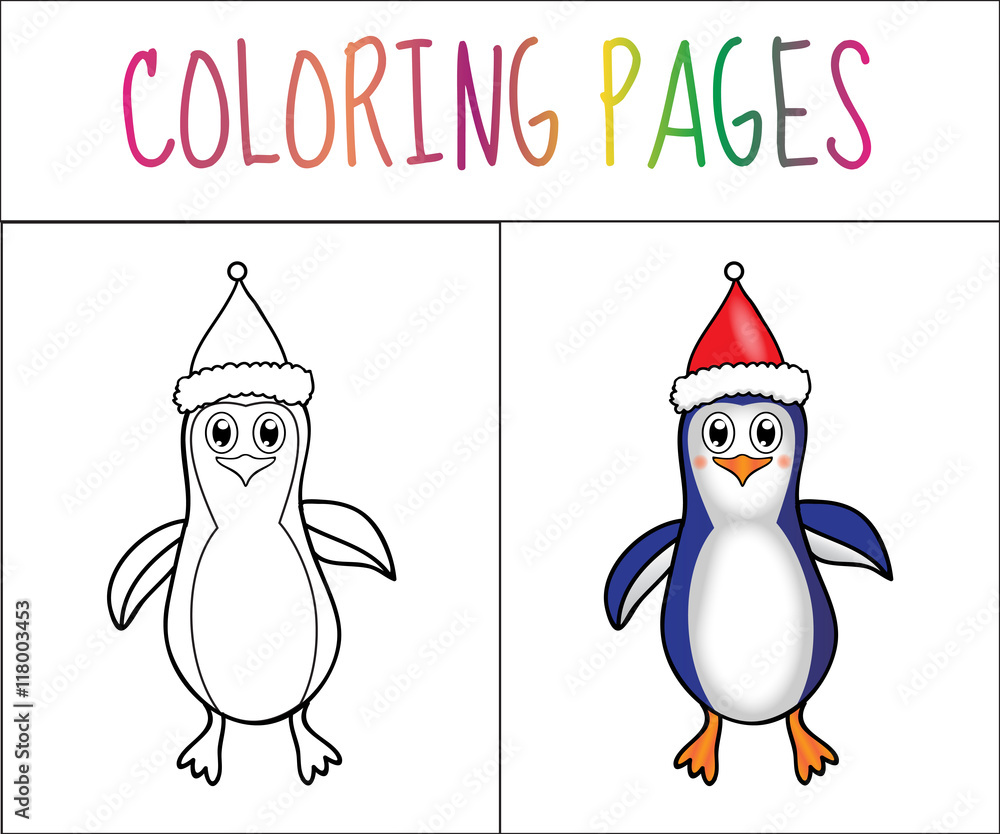 Obraz premium Coloring book page Penguin Christmas. Sketch and color version. Coloring for kids. Vector illustration