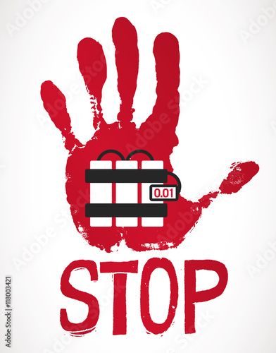 Hand print with dynamite and text against white background