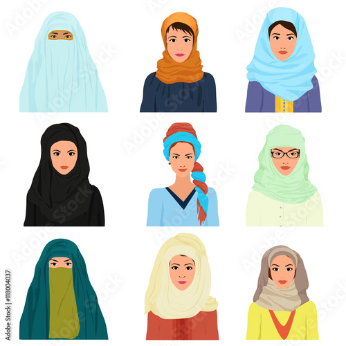 Vector arabian arabic islamic Female woman character faces avatars in different clothes and hair styles.