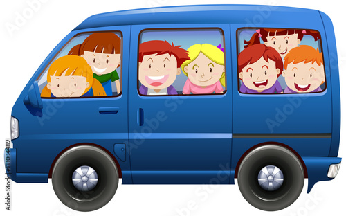 Children having carpool in blue van