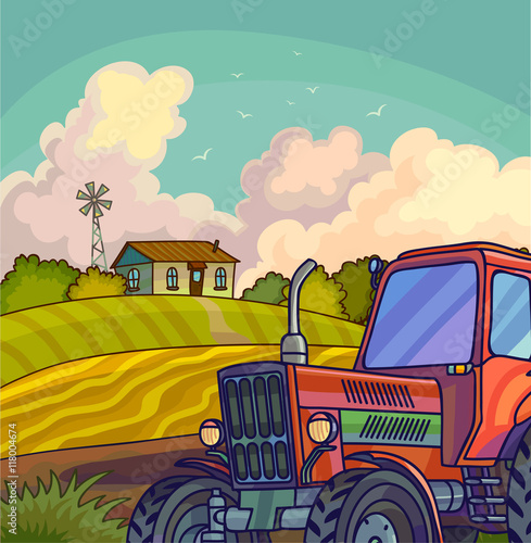 Farm rural landscape with field and tractor.