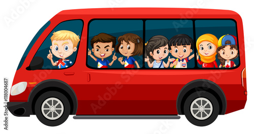 Children riding on red van