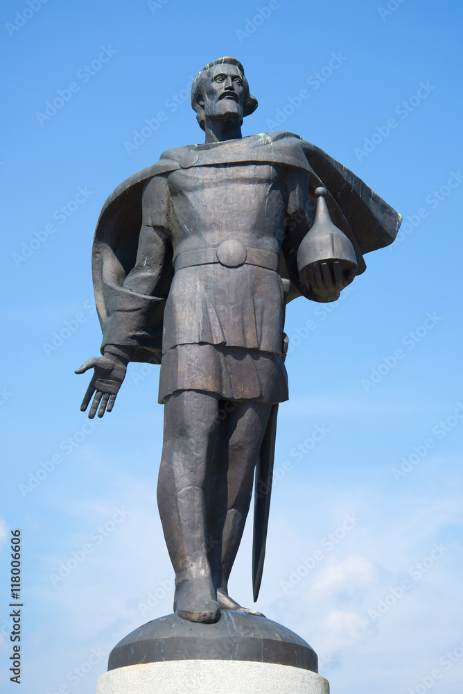 The Sculpture of Alexander Nevsky against the blue sky closeup, Veliky Novgorod, Russia
