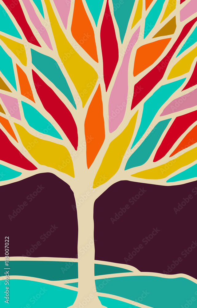 Abstract tree illustration with colorful branches - obrazy, fototapety, plakaty 