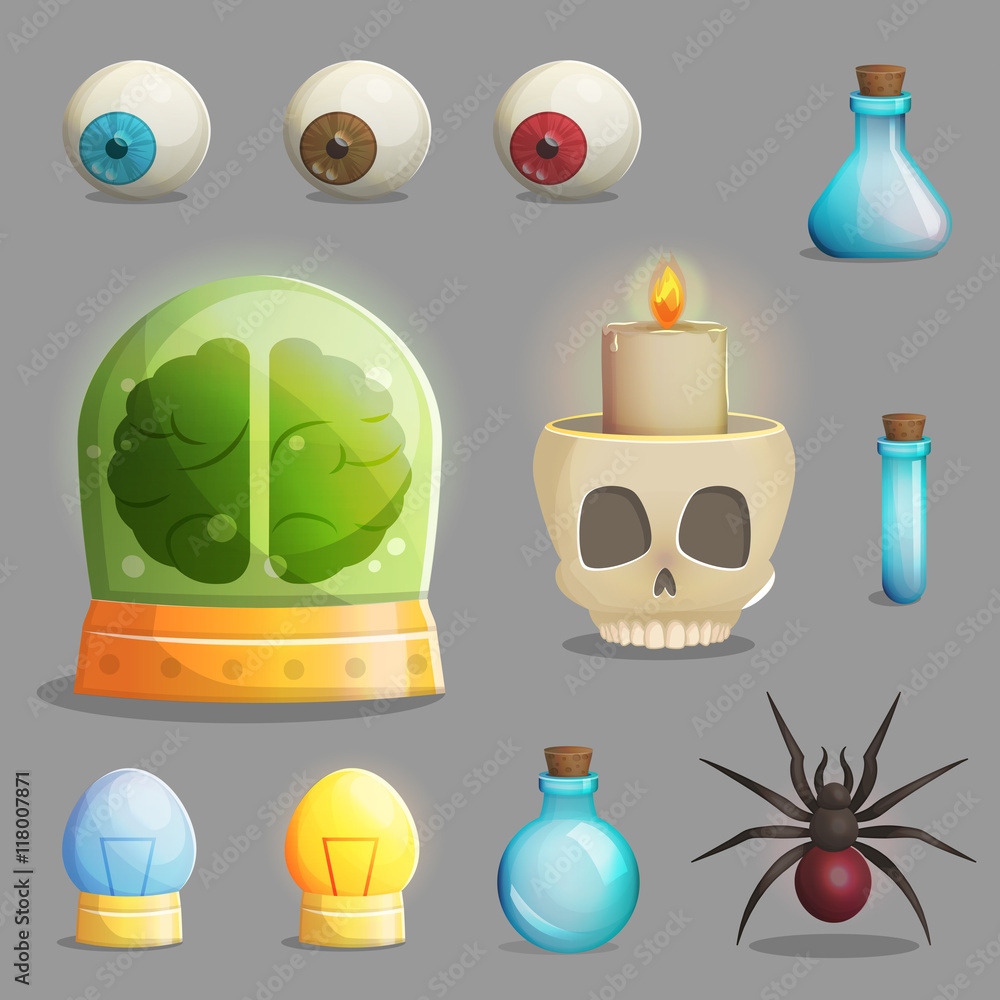 A collection of items for mad evil professor human experiment laboratory design. Canned brain, human eyeballs, scull chandelier and other spooky elements for game and app design. A collection of items for mad evil professor human experiment laboratory design. Canned brain, human eyeballs, scull chandelier and other spooky elements for game and app design.