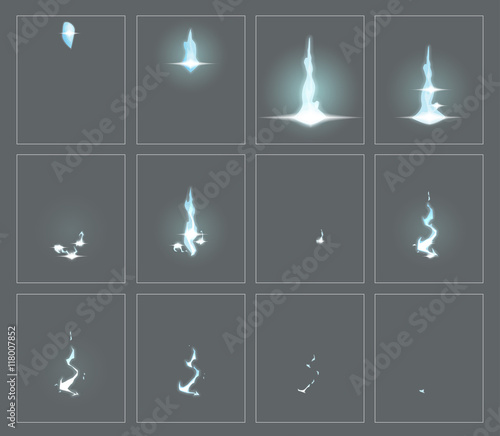 Lightning special effect fx animation frames sprite sheet. Electrical lightning thunderbolt frames for flash animation in games, video and cartoon.