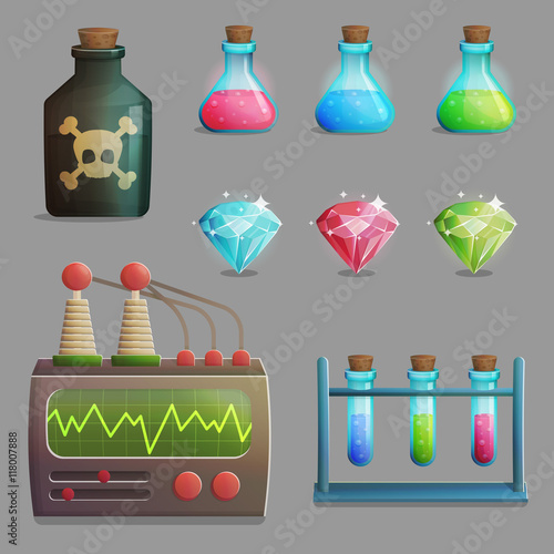 A collection of items for mad evil professor human experiment laboratory design. Test tubes, poison bottle, lab equipment, gemstones and other spooky elements for game and app design.