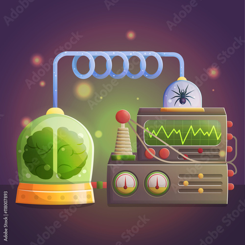 Illustration of a mad evil professor human experiment laboratory elements. Canned brain and spider, experimental lab equipment for data processing.