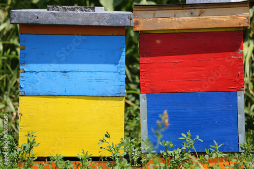 Two colorful wooden beehives