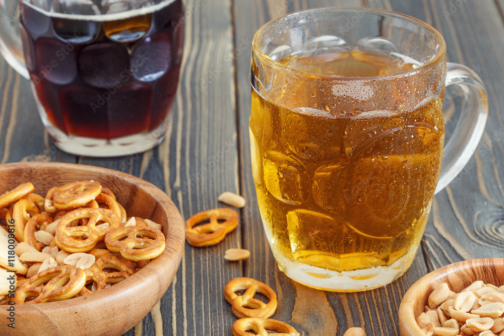 Beer with Pretzels, Crackers and Nuts. Beer with Pretzels, Crackers and Nuts.