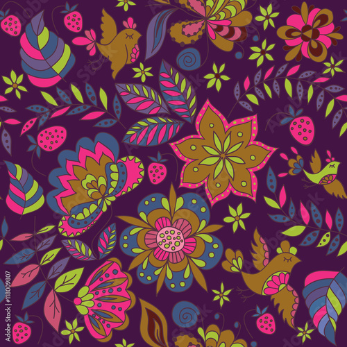 Flower and Birds Seamless Decorative Pattern.